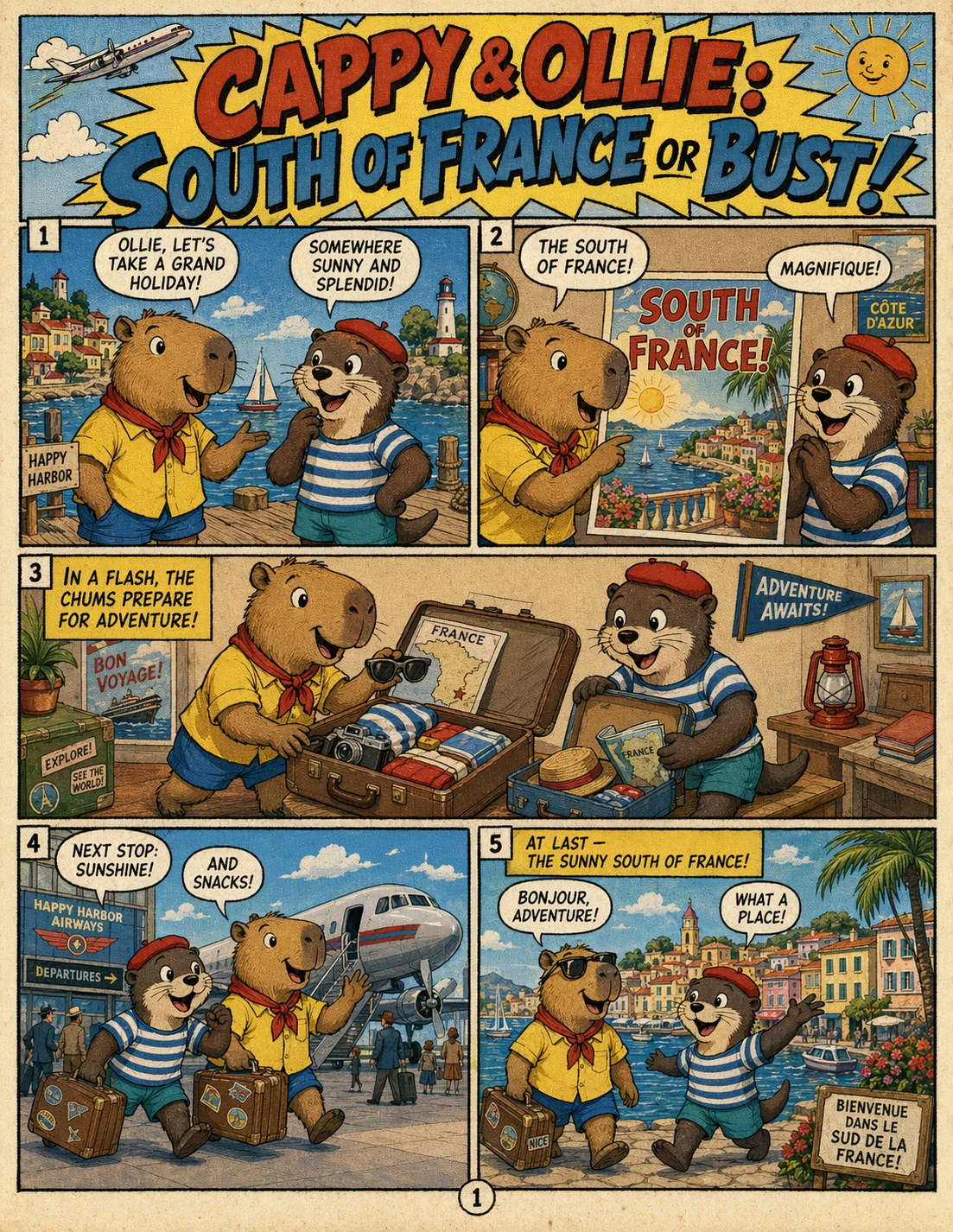 Generated with ChatGPT Images 2.0, this charming vintage comic page follows Spud & Garlic as they set off for Provence, using expressive retro panels, playful food-character storytelling, and warm travel-adventure energy to turn a simple vacation into a whimsical culinary journey.