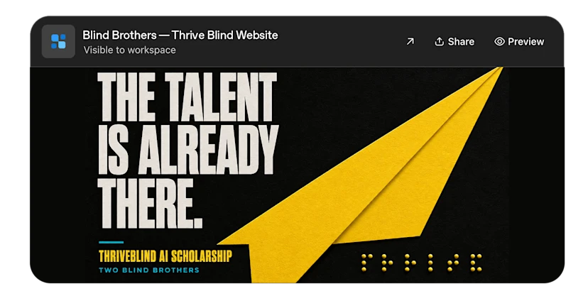 Blind Brothers Thrive Blind website preview A preview card for the Blind Brothers Thrive Blind Website with a headline reading “The talent is already there” and a yellow paper airplane graphic.