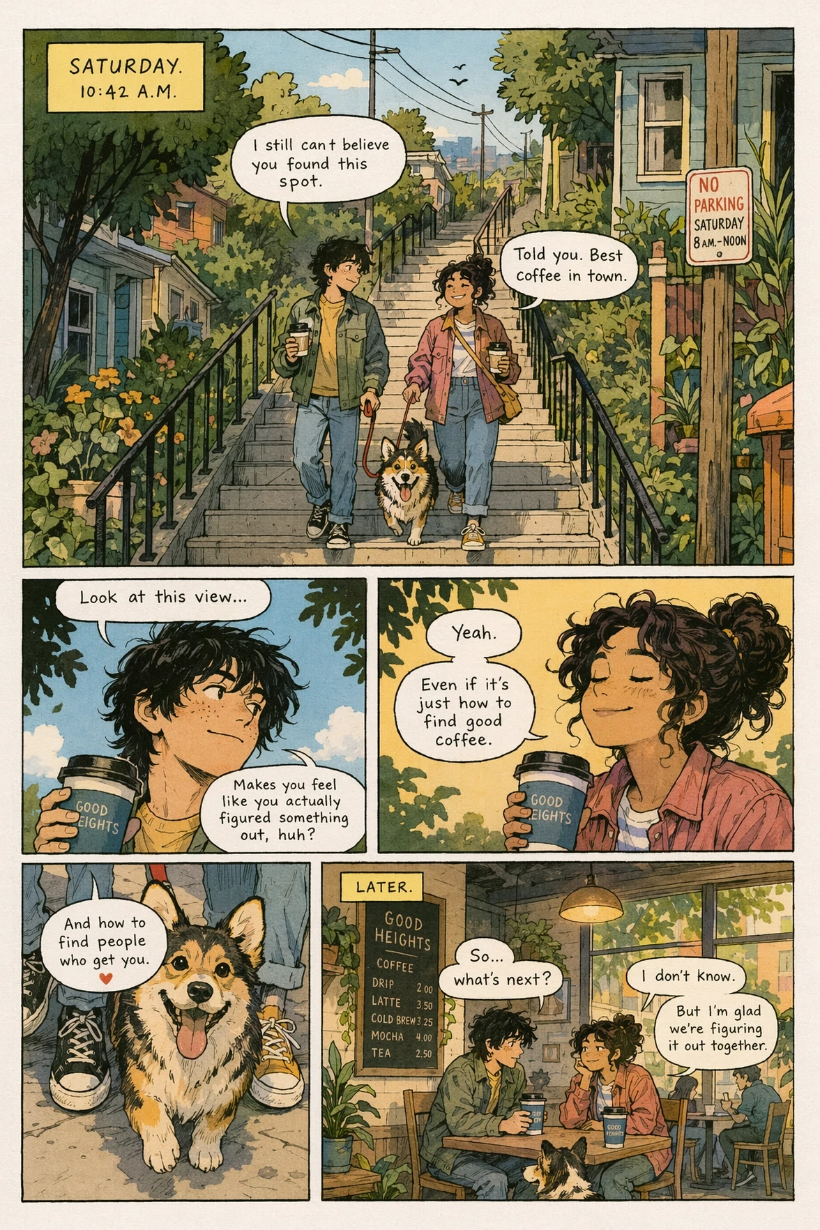 Generated with ChatGPT Images 2.0, this modern indie-comic page shows two young people talking on a rooftop at dusk about uncertainty and connection, using muted colors, expressive character art, and reflective dialogue across cinematic urban panels.