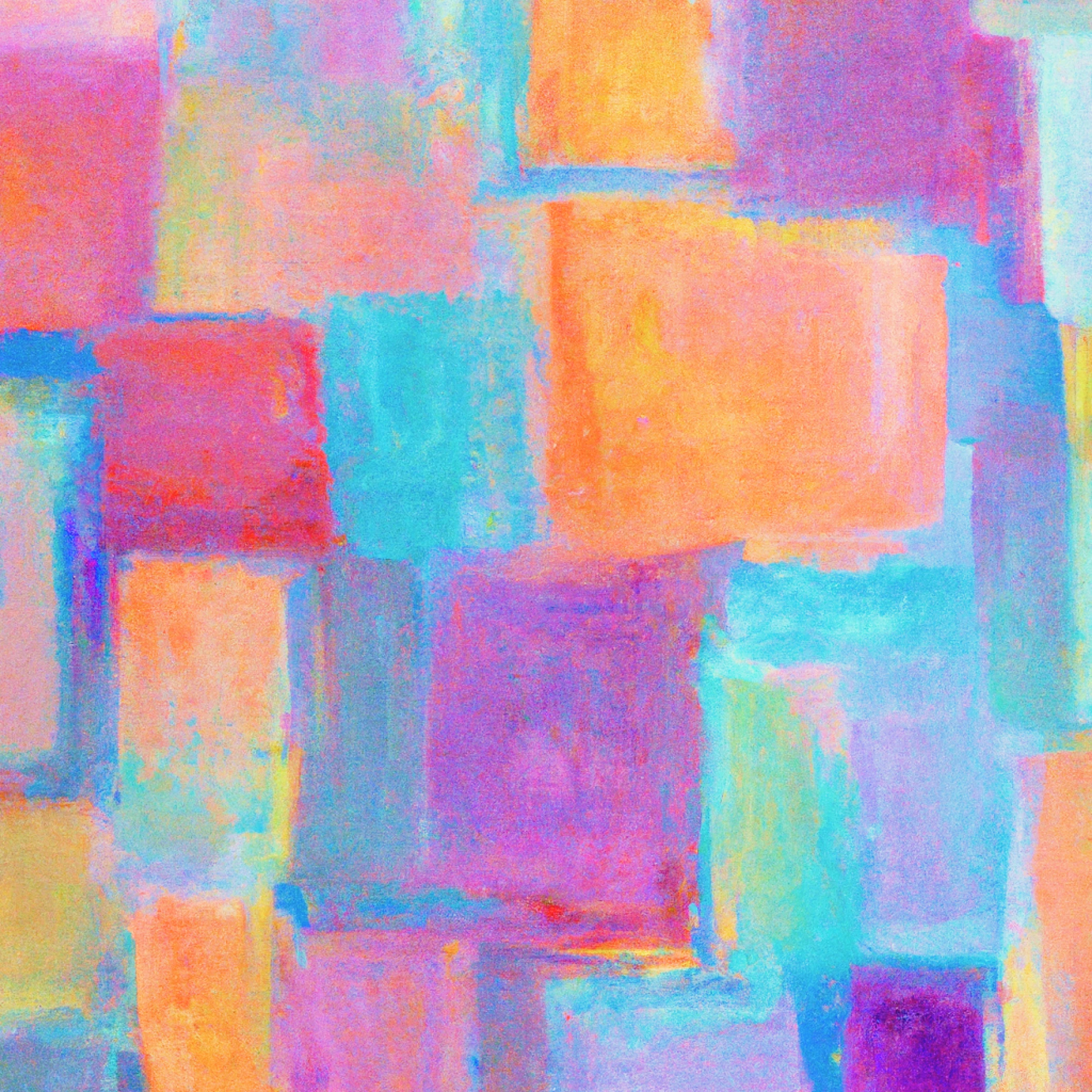 Abstract painting of overlapping geometric shapes in pastel shades of orange, pink, purple, and blue, with a block-like pattern creating a layered, textured effect.