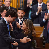 Shown here in happier times in June 2017, Foreign Affairs Minister Chrystia Freeland and Prime Minister Justin Trudeau share a moment of unity in the House of Commons.