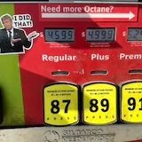 A sticker depicting U.S. President Donald Trump with the words 'I did that!' appears on a fuel pump in Newtown, Pa., on Sept. 9. Numerous polls suggest voters are blaming Trump for high gas prices and other cost of living increases ahead of the midterm elections in November.