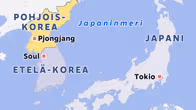 Kartta, johon merkitty Pohjois-Korea, Etelä-Korea, Japani ja Japaninmeri.