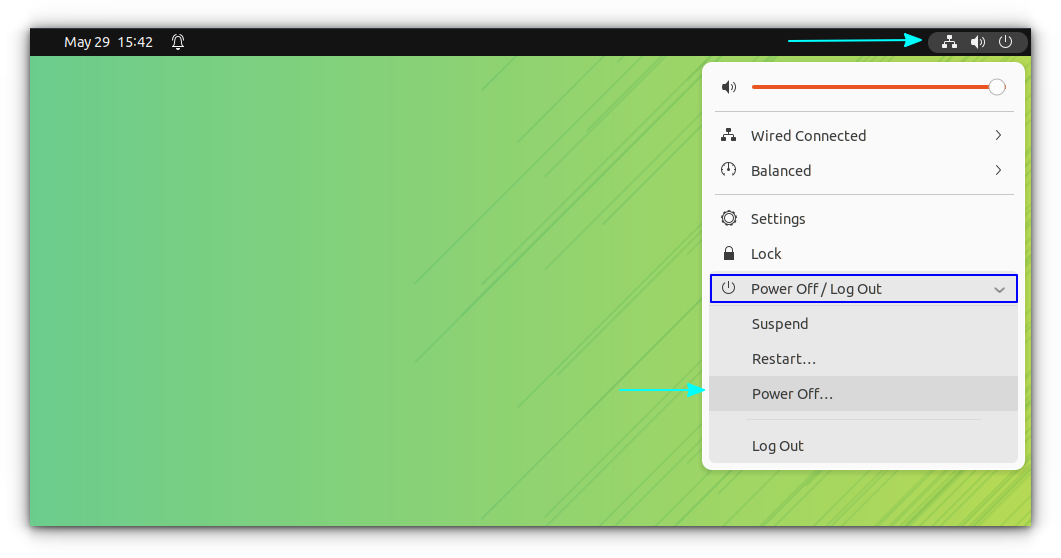 Restart or shutdown Ubuntu Linux by clicking on the poweroff button on top right button