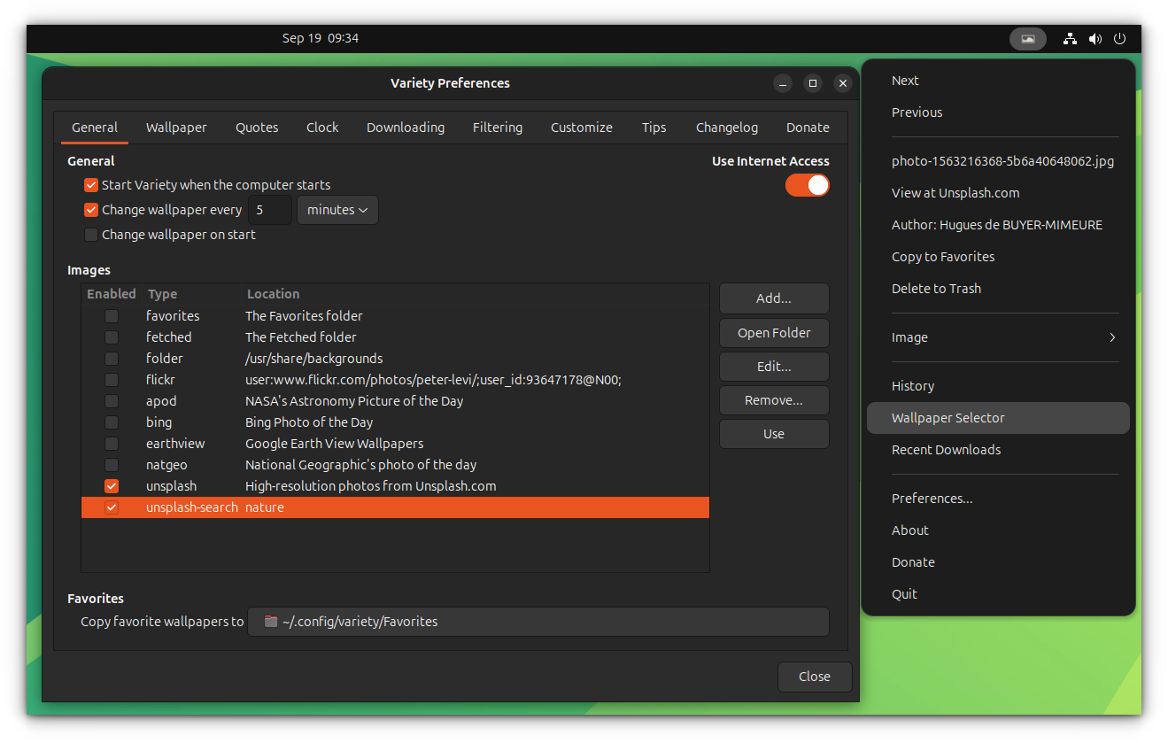 Variety wallpaper changer window along with the system tray icon options.
