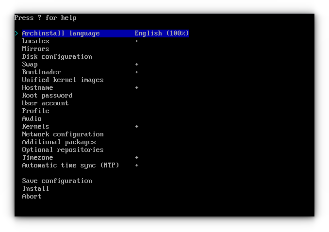 Archinstall script main screen. All menu entries are listed here, with submenus are available.
