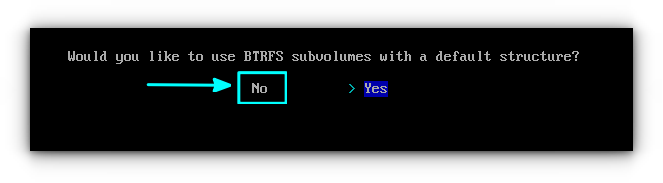 Pick "No" option for no subvolumes creation.