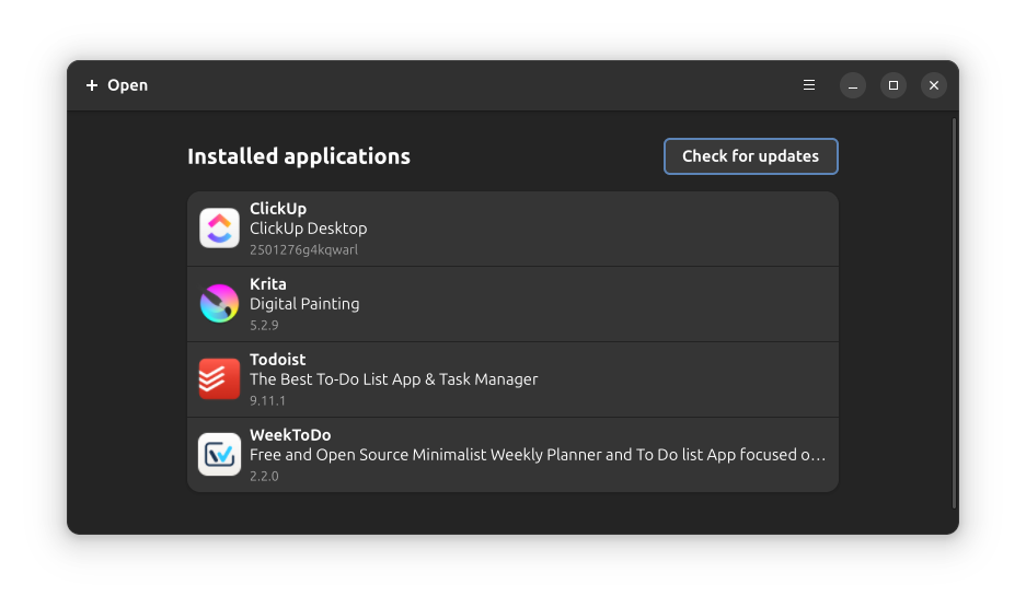 Installed apps listed in the Gear Lever app home page. You can check for updates if setup properly.