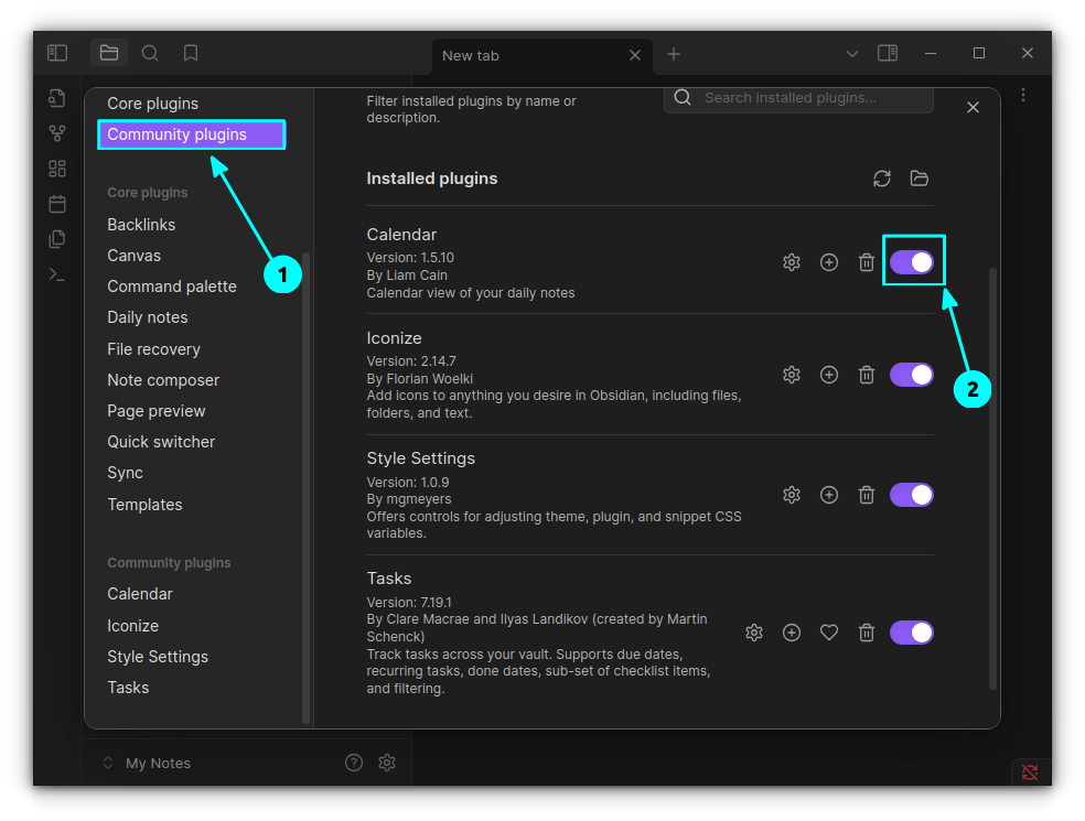 Enable a plugin from Obsidian settings tab