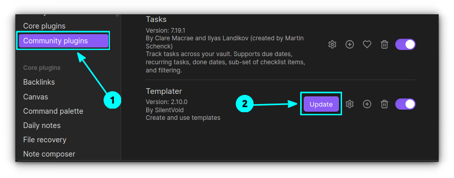 Update individual plugins in Obsidian using the "Update" button corresponding to each plugin.