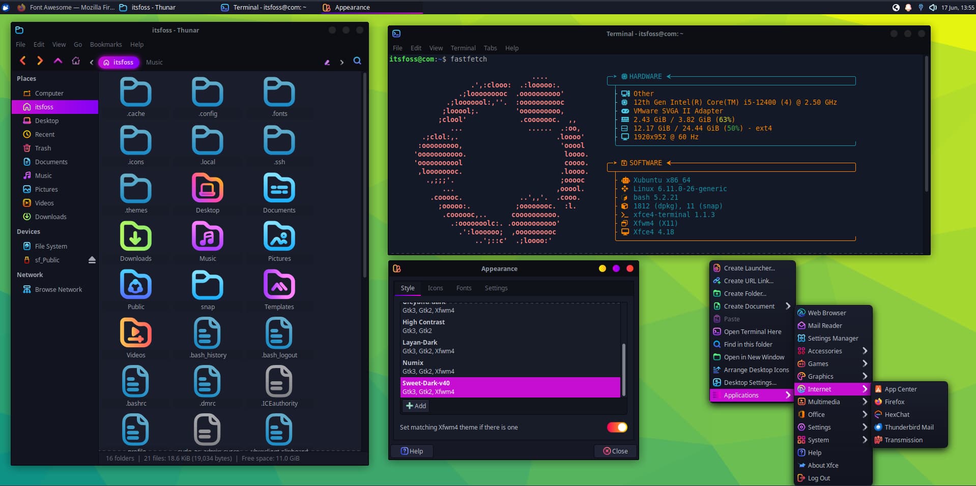 Sweet theme and the BeautyLine icon theme is applied to Xfce system.