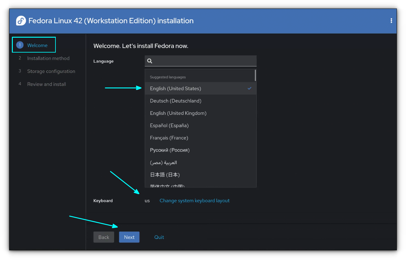 Select the Language and Keyboard from the installer. Set it to your required value and click Next.