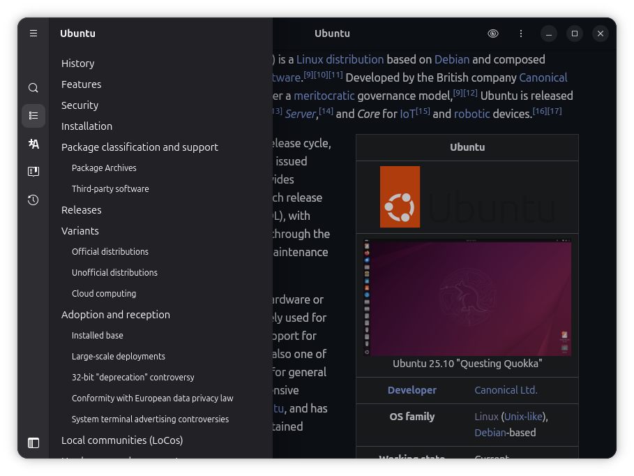 Table of Contents neatly arranged as a sidebar in Wike Wikipedia application.
