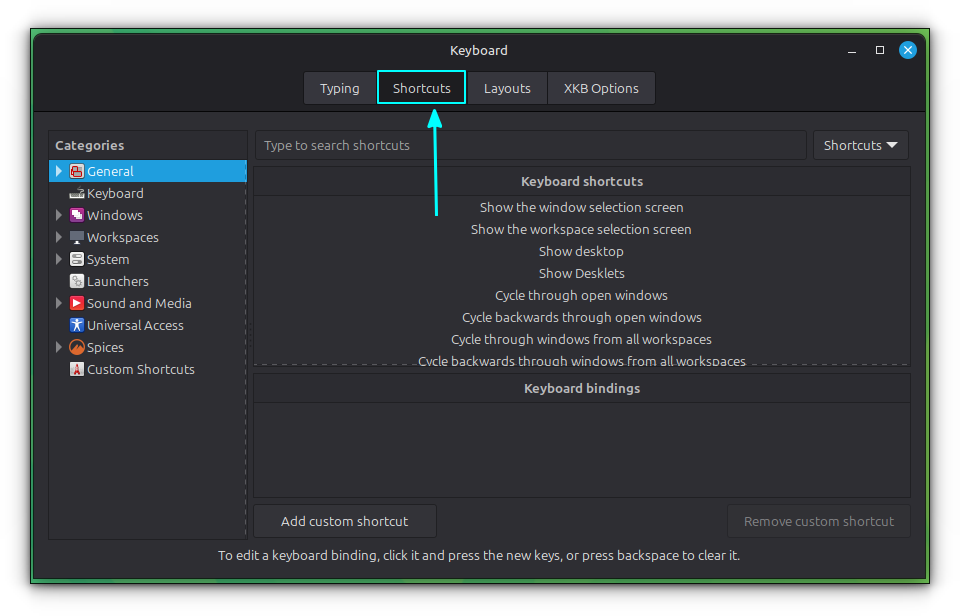 In the keyboard settings window, go to the Shortcut tab.
