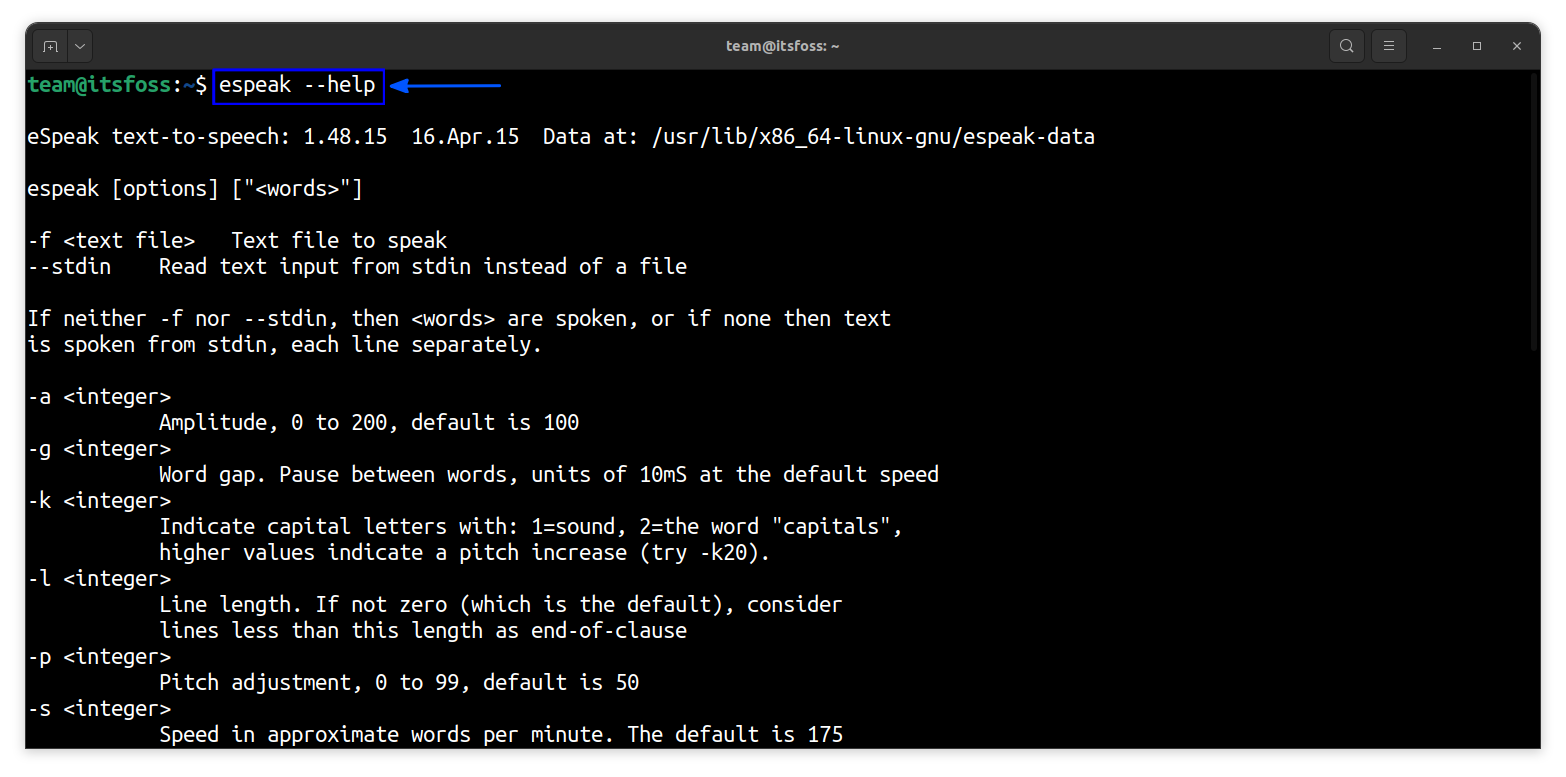 espeak help section explaining the usages