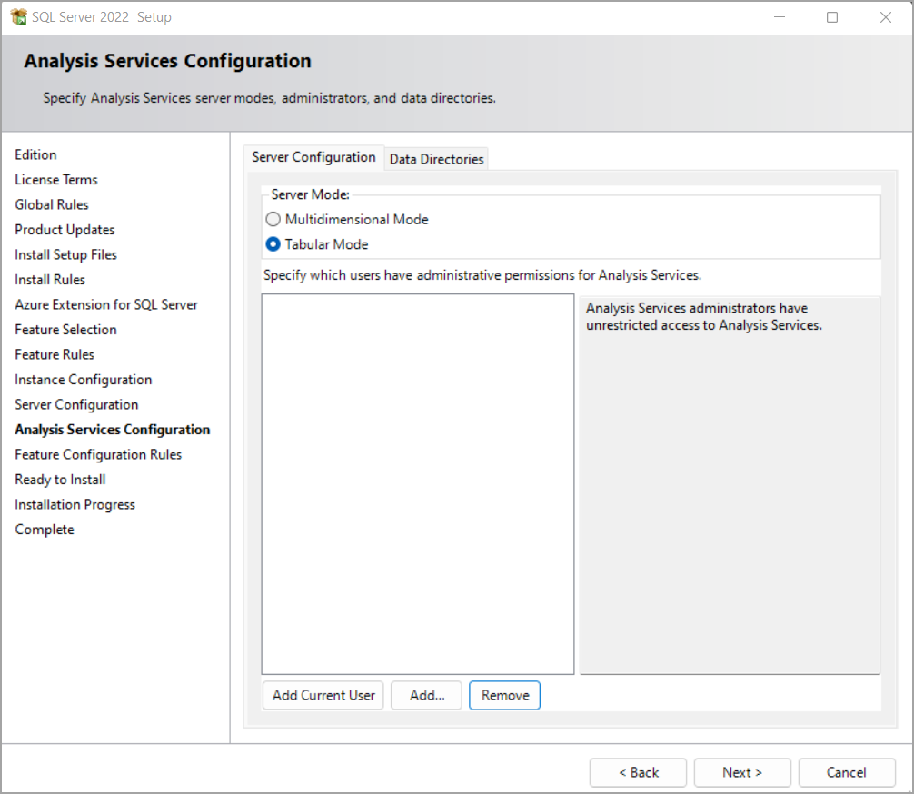 Setup page with Analysis Services config options Screenshot of SQL Server Setup with Analysis Services server configuration options.