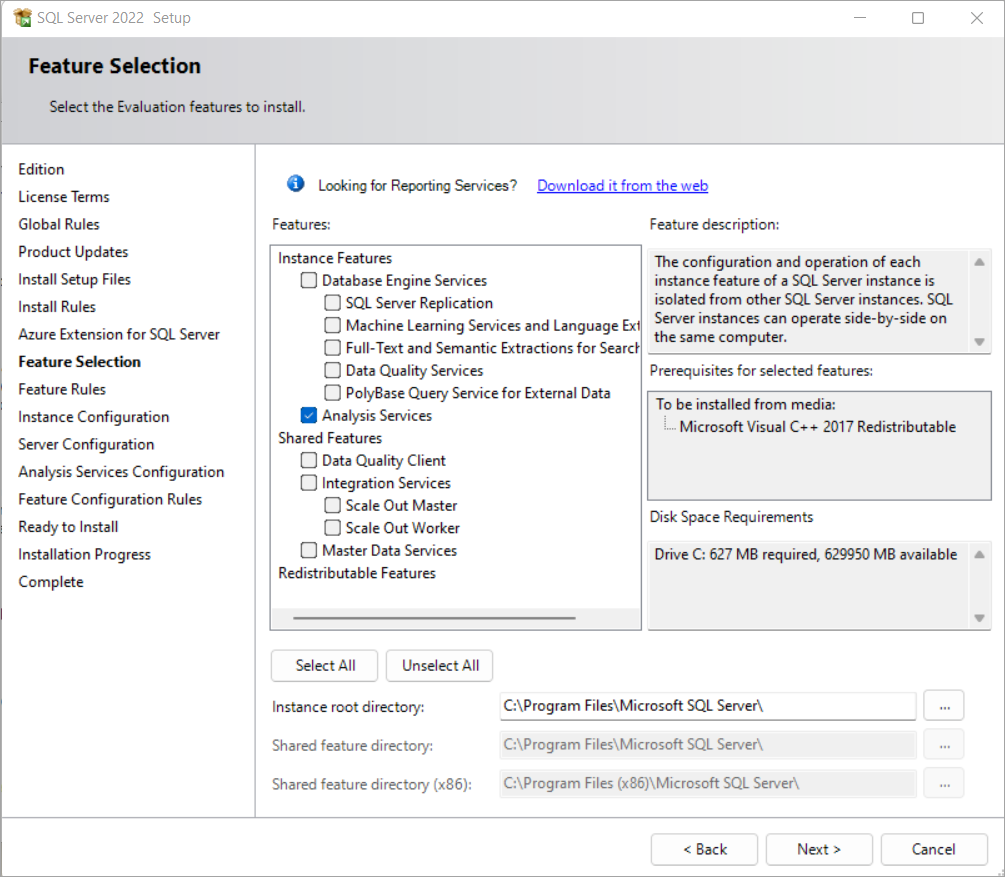 SQL Server Setup feature tree showing Analysis Services Screenshot of SQL Server Setup with Analysis Services selected in the feature tree.