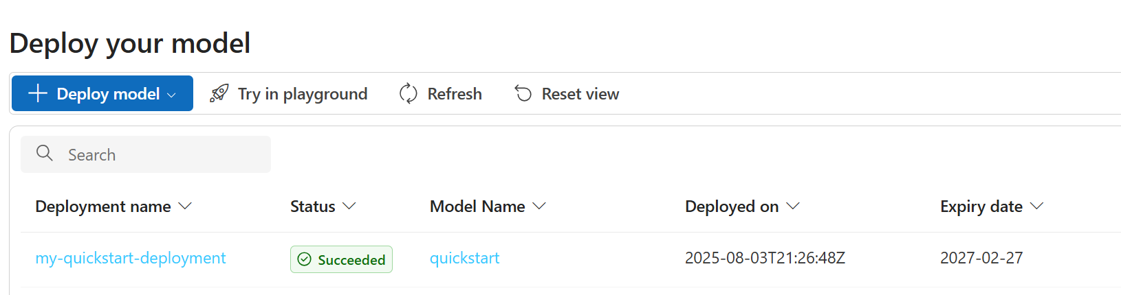 Screenshot of your successfully deployed model status page in Foundry.
