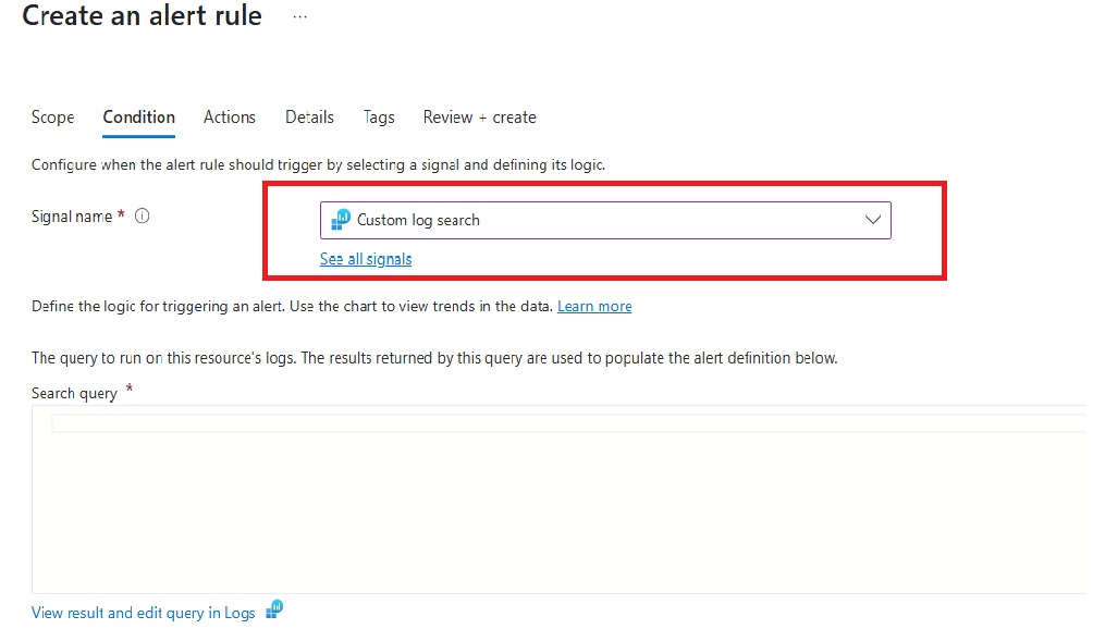 Screenshot that shows the selection of a custom log search on the pane for creating an alert rule.