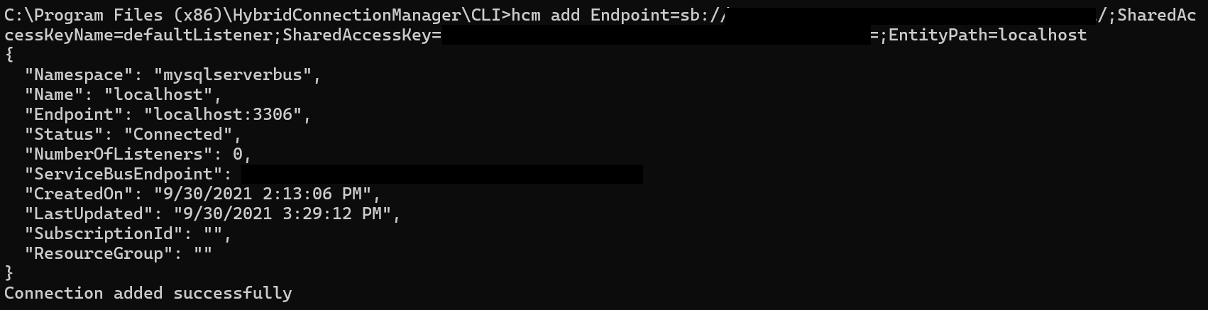 Screenshot of the Hybrid Connection Manager CLI showing how to manually add a Hybrid Connection.