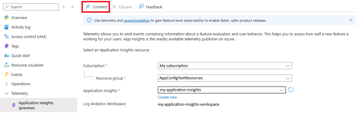 Screenshot of the Azure portal, connecting application insights.