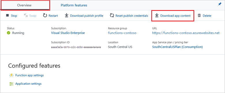 Screenshot shows the Azure portal page to download the function app project.