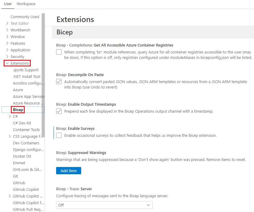 Screenshot of configuring Bicep extension settings.