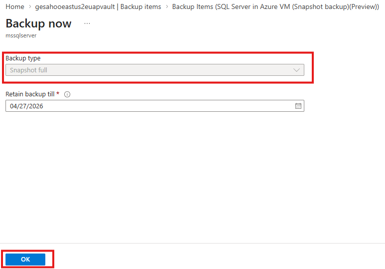 Screenshot that shows how to trigger an on-demand backup for a SQL instance in Azure portal.