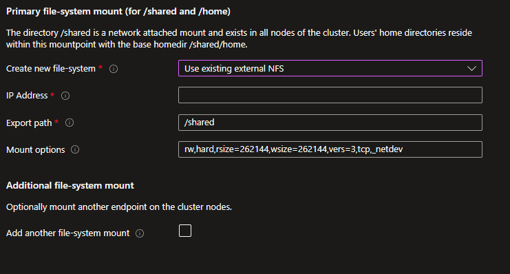 Screenshot of the File-system mount for /shared and /home use external NFS options screen.