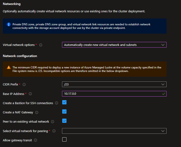 Screenshot of the Networking options for creating a new one.