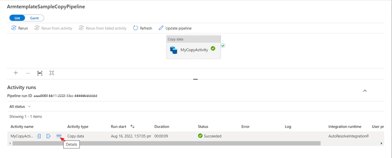 Screenshot of the run results of a copy activity on the tab for monitoring a data factory.