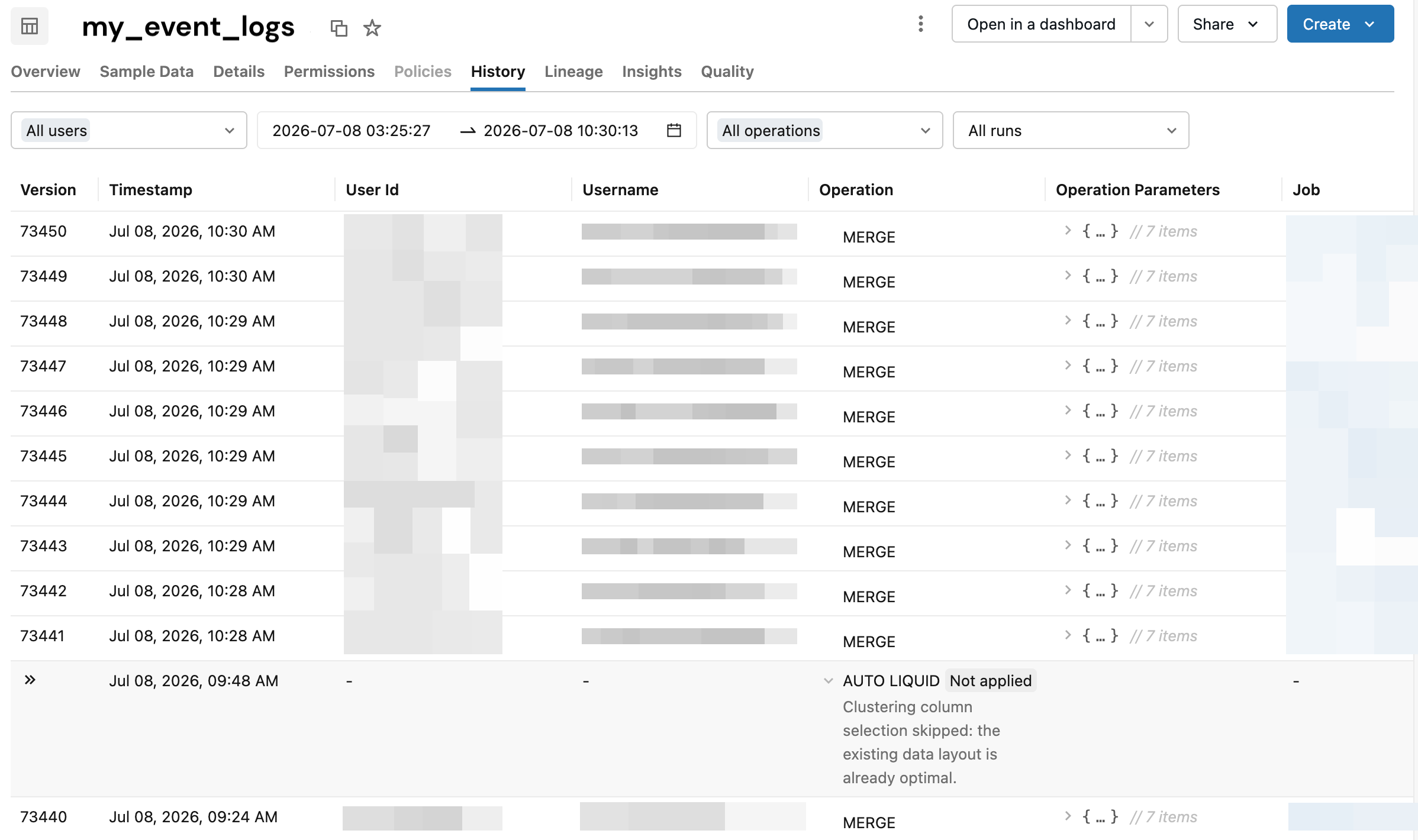 Catalog Explorer history tab showing predictive optimization skip reasons