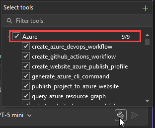 Screenshot that shows the select tools dialog with the Azure node checked.