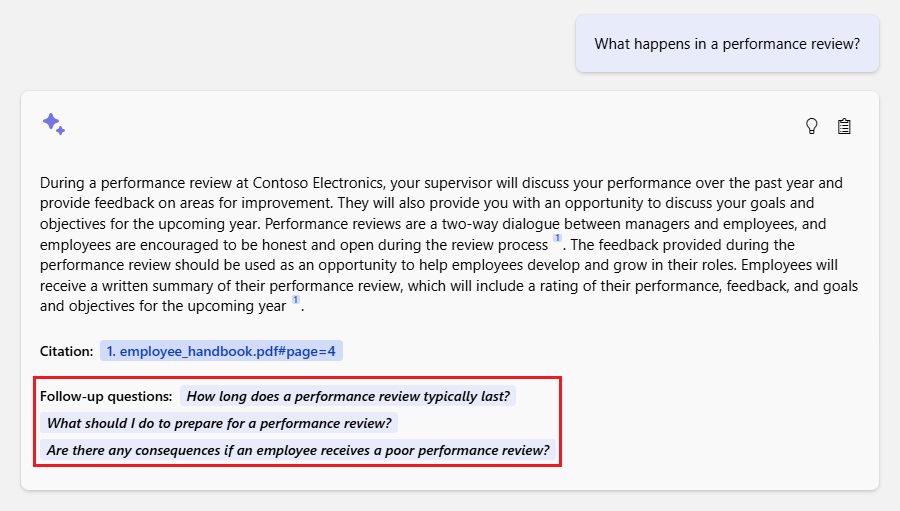 Screenshot that shows how the chat app provides suggested follow-up questions after the answer.