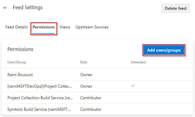 Screenshot showing how to access feed permissions.
