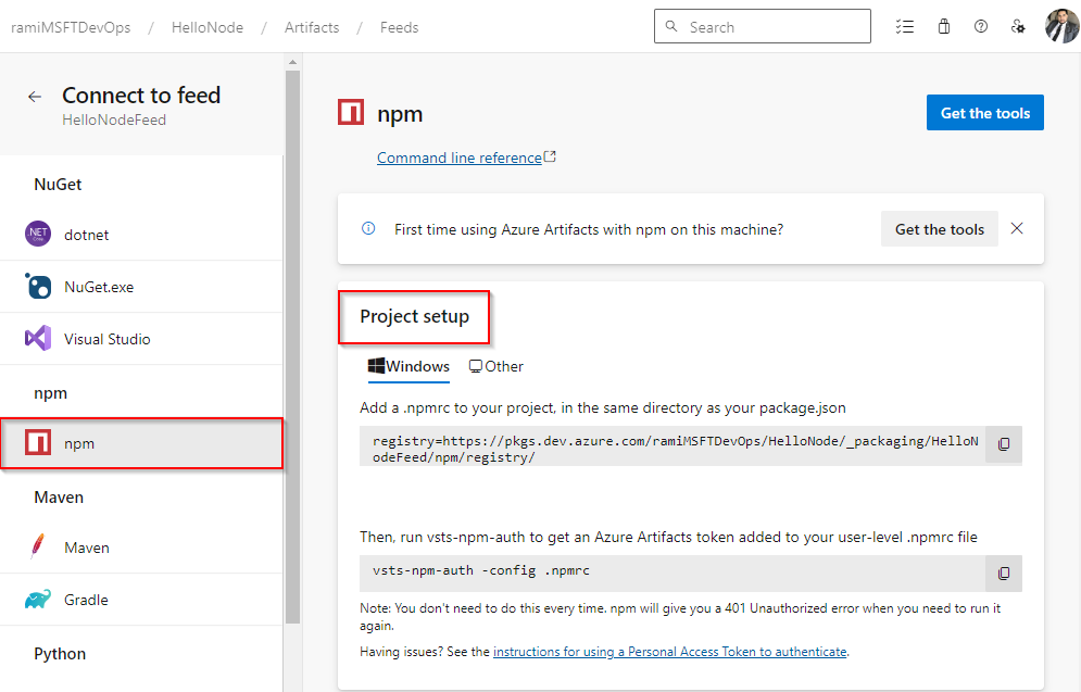 Screenshot showing how to set up an npm project and connect to a feed in Azure DevOps Services.