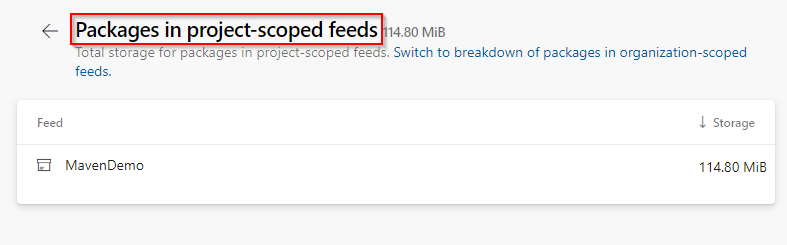 Screenshot showing the total storage for packages in project-scoped feeds.