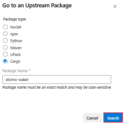 Screenshot showing how to search for a package in upstream sources.