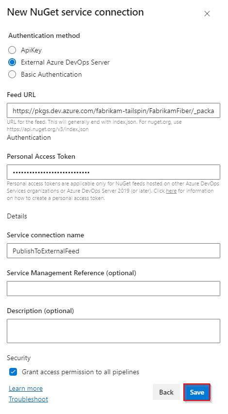 A screenshot displaying how to set up a NuGet service connection to authenticate with an external feed in a different organization.