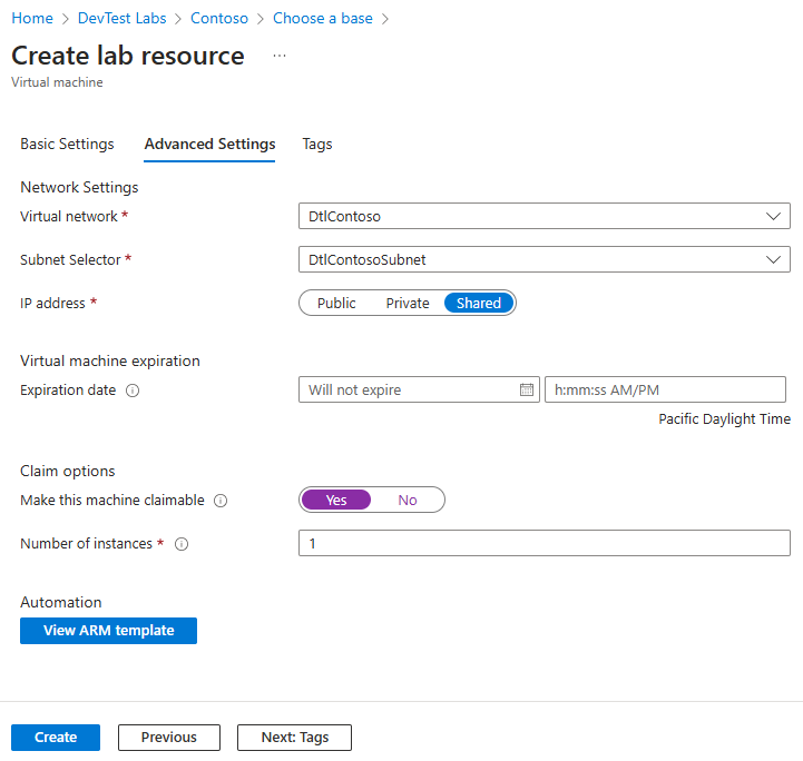 Screenshot of the Advanced Settings tab of lab resource creation page.