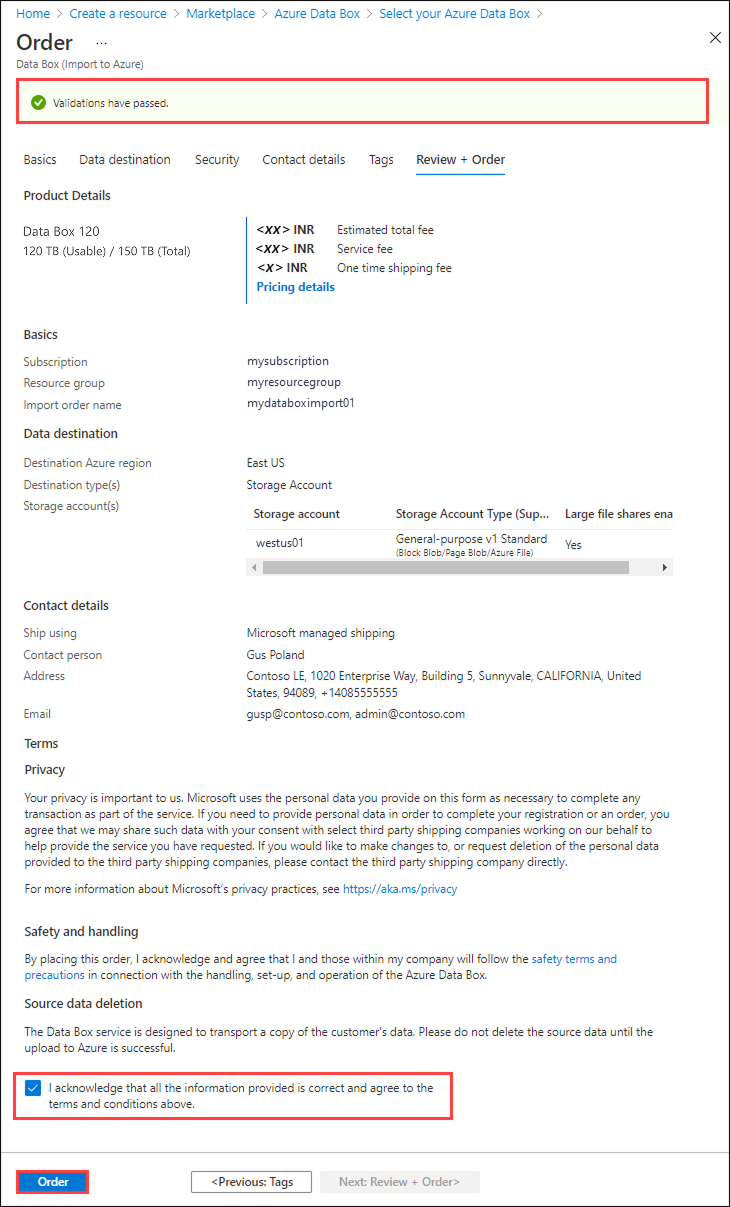 Screenshot of the Review Plus Order tab for a Data Box order. The validation status, terms checkbox, and Order button are highlighted.