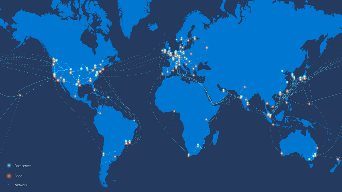Diagram of the Microsoft global network connecting Azure datacenters and edge nodes around the world.