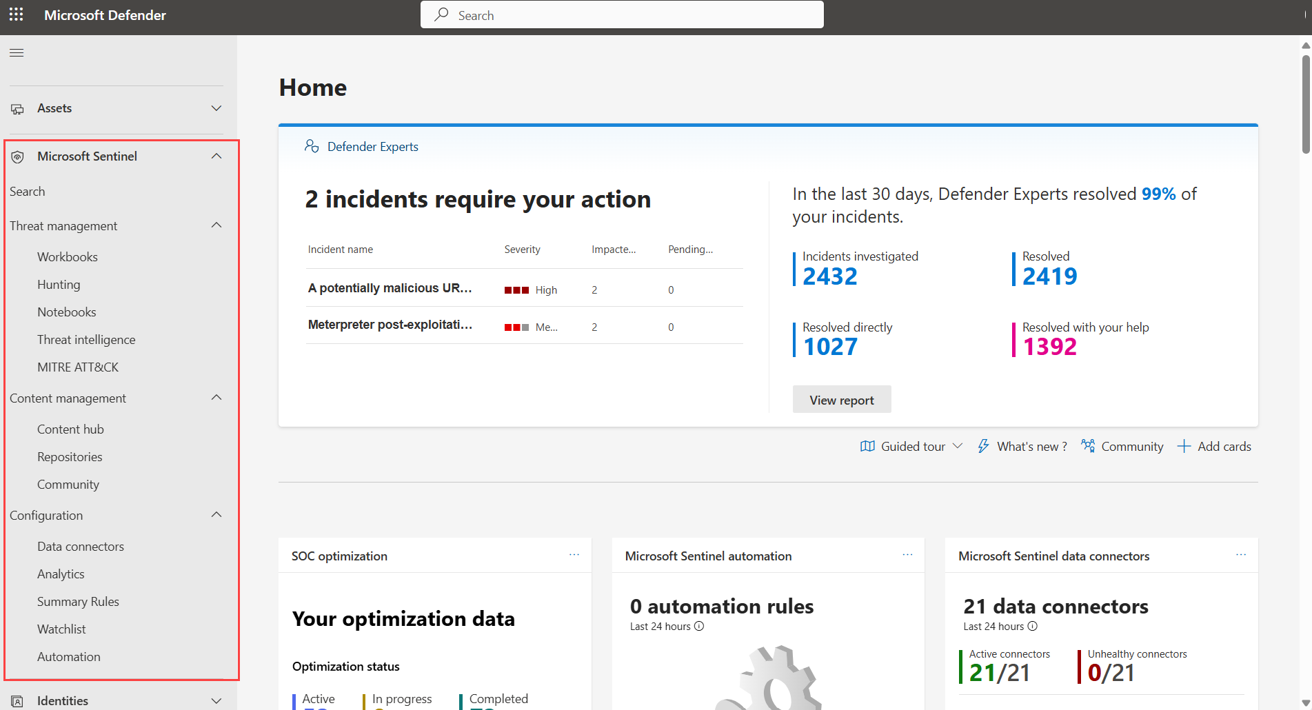 Screenshot of Microsoft Sentinel in the Defender portal.