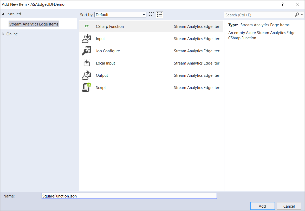Screenshot of selecting a C# function from Stream Analytics Edge items in Visual Studio.
