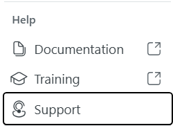 Screenshot showing the help icon menu options including documentation, training and support.