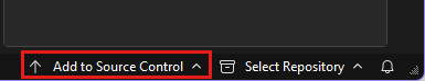 Screenshot of the Git source control buttons below the Solution Explorer pane, with the Add to Source Control button highlighted.