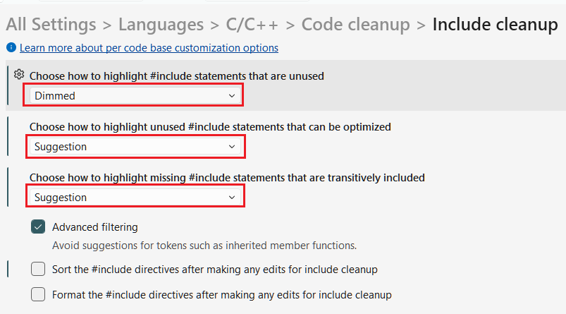 A screenshot of the Tools options dialog opened at All Settings > Languages > C/C++ > Code cleanup > Include cleanup.