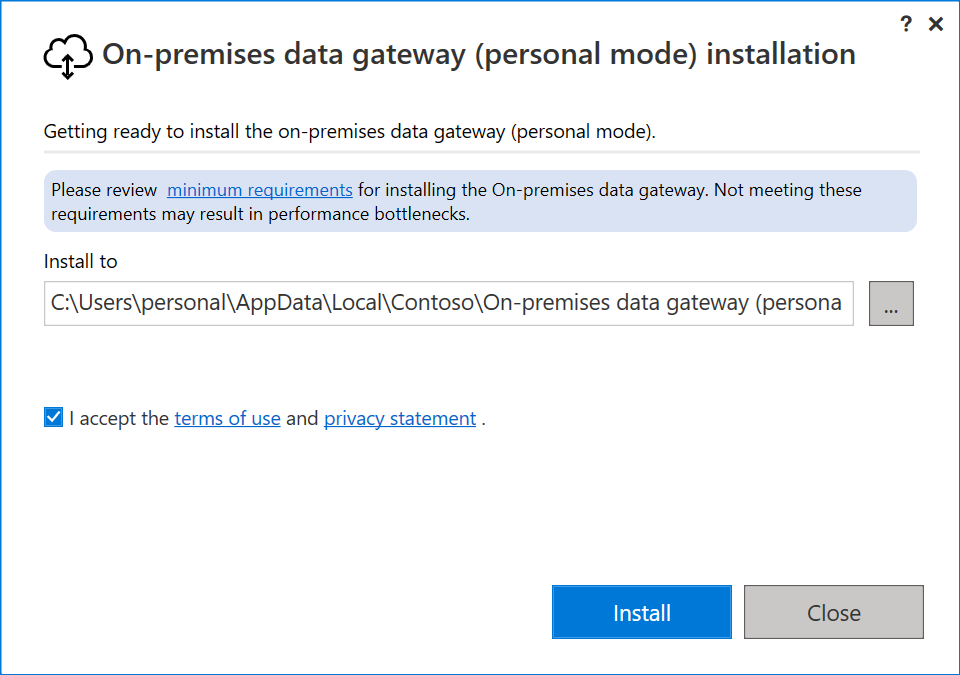 Screenshot of the installation dialog demonstrating the installation path to the personal mode gateway.