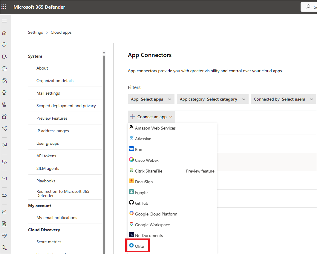 Connect Okta Screenshot of the App connectors page with the Connect Okta option.