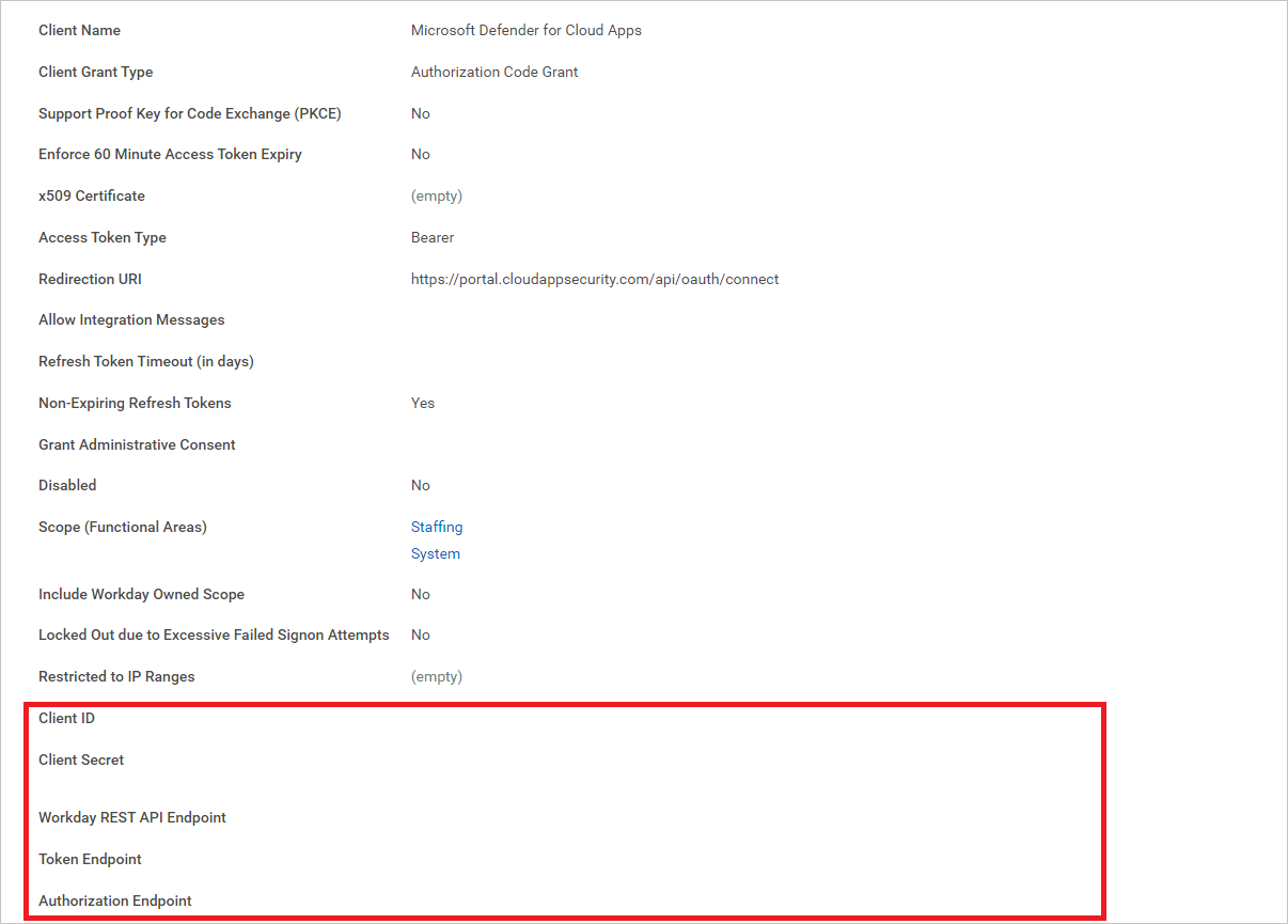Screenshot of the Workday API client registration confirmation showing the Client ID, Client Secret, and endpoint values.